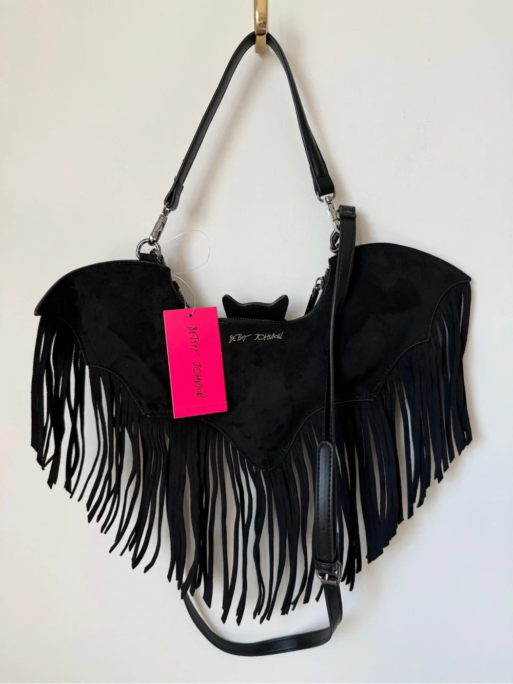 Betsey Johnson Black Fringe Bat Wing Shoulder Bag